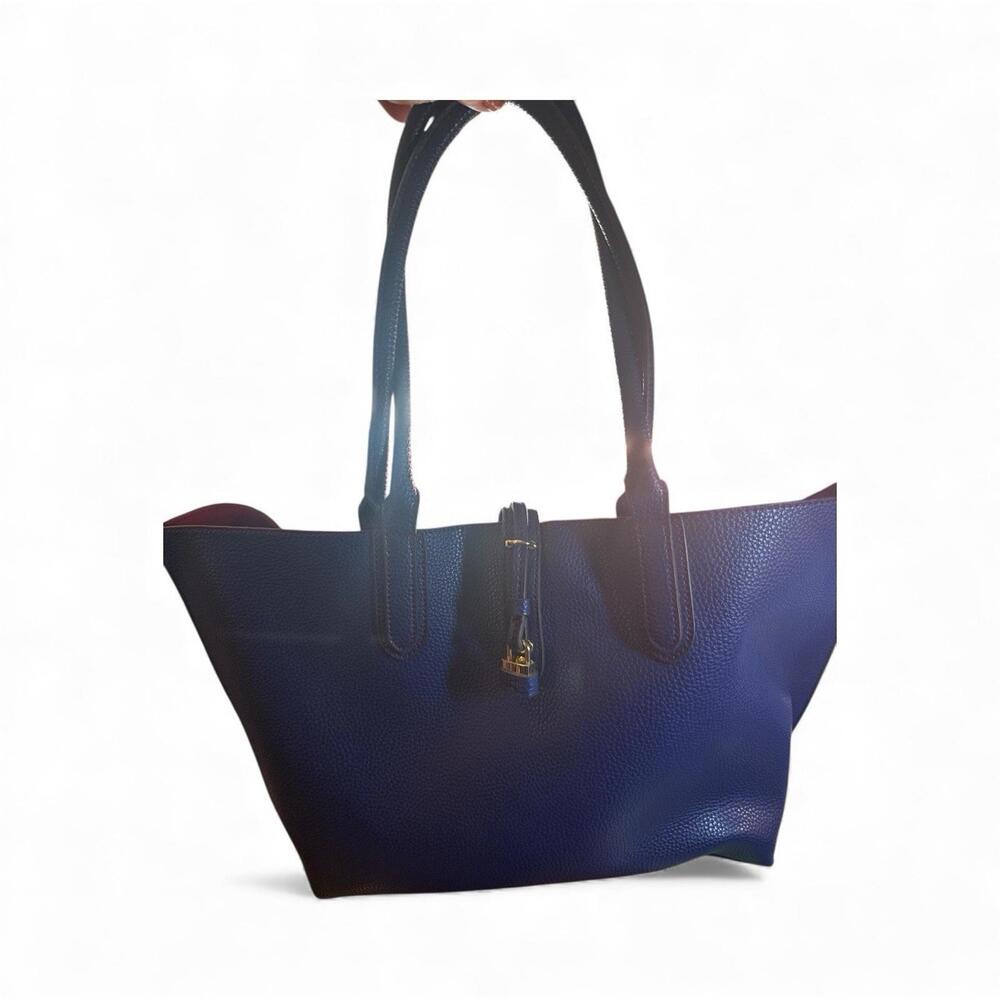 Tutilo NY Navy Pebbled Faux Leather Large Double Handle Tote Bag Red Interior